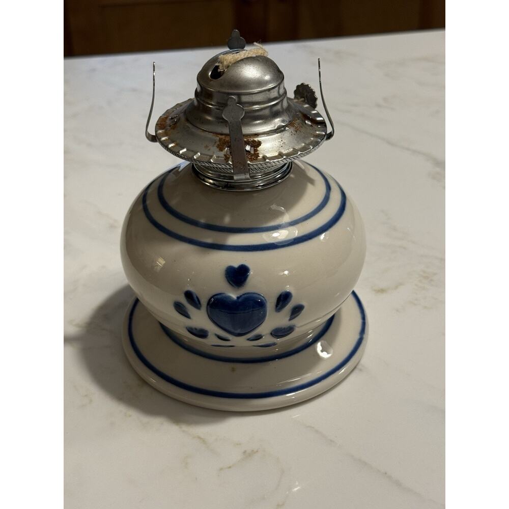 Vintage Blue And White Hurricane Oil Lamp With Hearts On Bottom No Shade